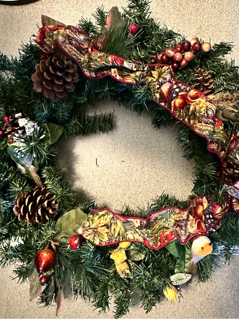 Hand Crafted Green Pine Wreath with Red and Brown Accents